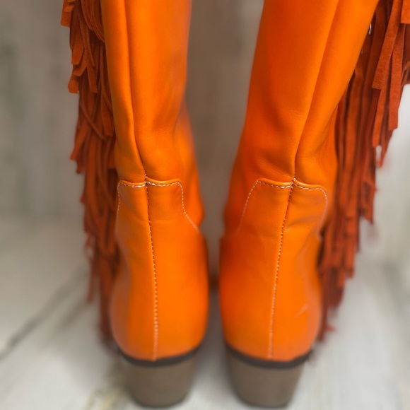 Knee High Faux Leather Tassel Fringe Pointed Toe Cowboy Boots- Orange Size 38 - Picture 10 of 16